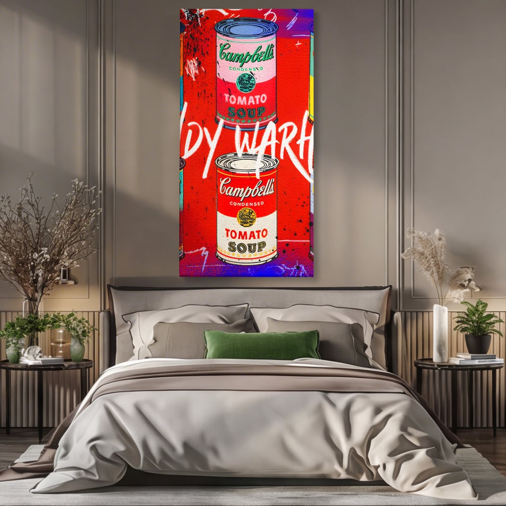 Tablou canvas cu tablou canvas cu cutii de supa, fara rama, pe sasiu de lemn, pe perete intr-un dormitor